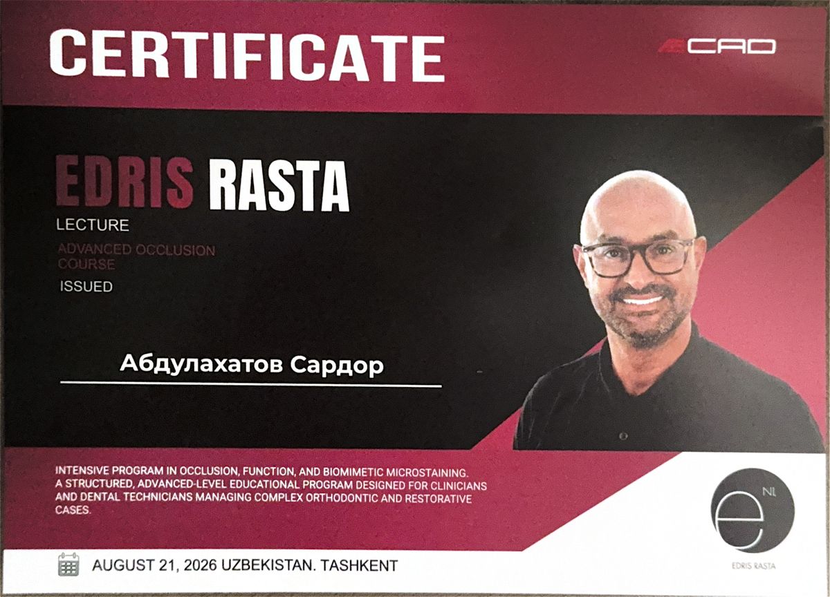 Сертификат: Advanced Occlusion Course, Edris Rasta